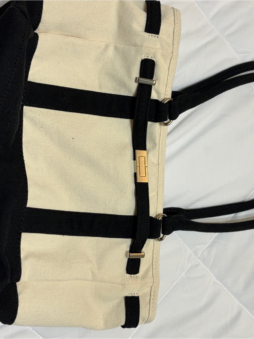 Canvas Black & Cream Striped Tote with silver Accent